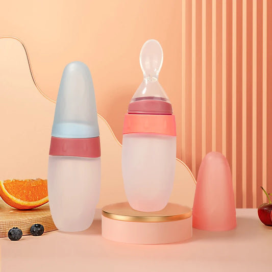 Mangeoire liquide en Silicone pour bébé, 100ml, pâte de riz, purée de fruits, biberon à presser avec cuillère de distribution